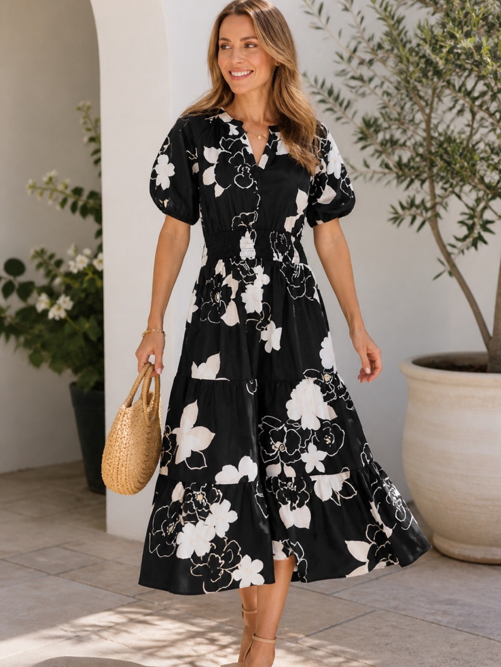 Baltic Born Hacienda Tiered Floral Black and White Women's Dress